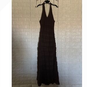 Boho Crochet Halter Maxi Dress Chocolate Brown Open Back Knit Long Summer Dress
